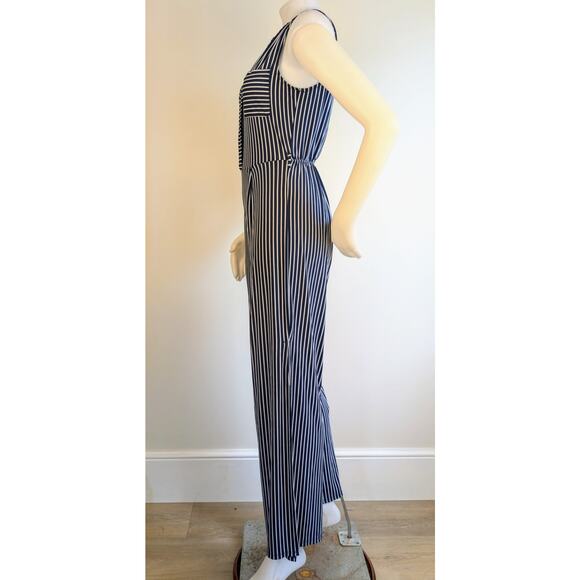Monteau Blue White Sleeveless Striped Stretch Jumpsuit Open Back Size Medium - Picture 5 of 11